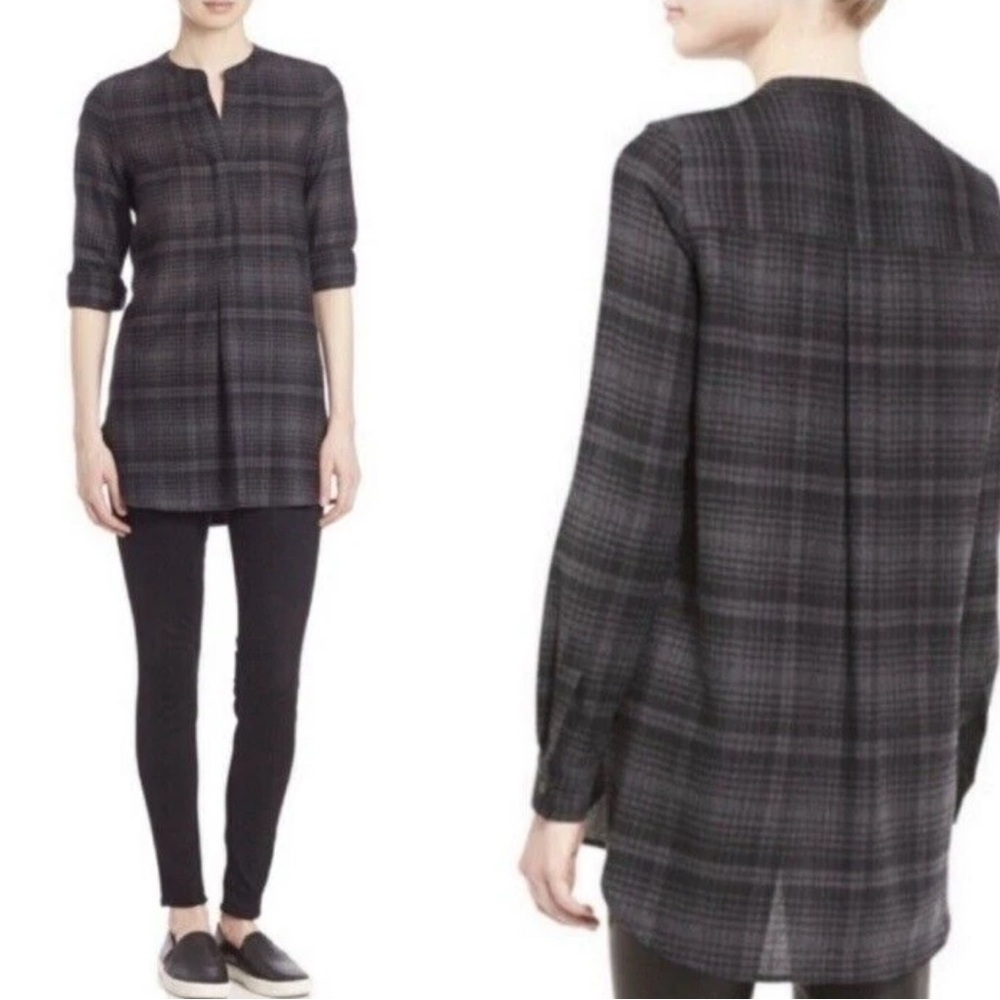 Theory Orvinio Avalon Tunic Blouse Plaid Checked 100% Wool Popover Black Gray Sm